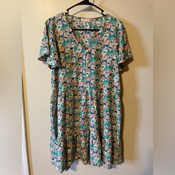 JODIFL Floral Teal/Pink Short Flutter Sleeve Dress Button Front Tiered Small - Picture 5 of 11